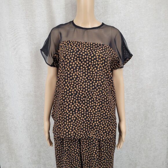 Carlo Moda Vintage Matching Set Black Gold Dot Trousers Blouse Illusion Neckline - Picture 6 of 15